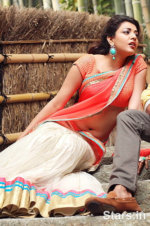 Kajal Aggarwal in Orange and White Traditional Outfit Sitting on Stone Steps HD phone wallpaper