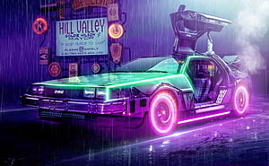 Neon-lit retro DeLorean time machine parked in the rain with glowing pink wheels and green underglow HD wallpaper