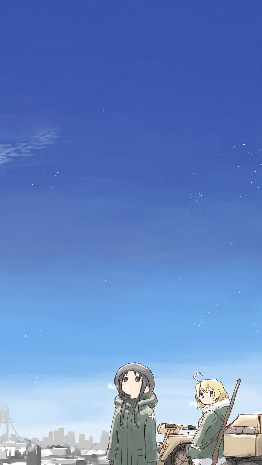 Girls' Last Tour anime scene with two characters in winter coats under a vast blue sky HD phone wallpaper