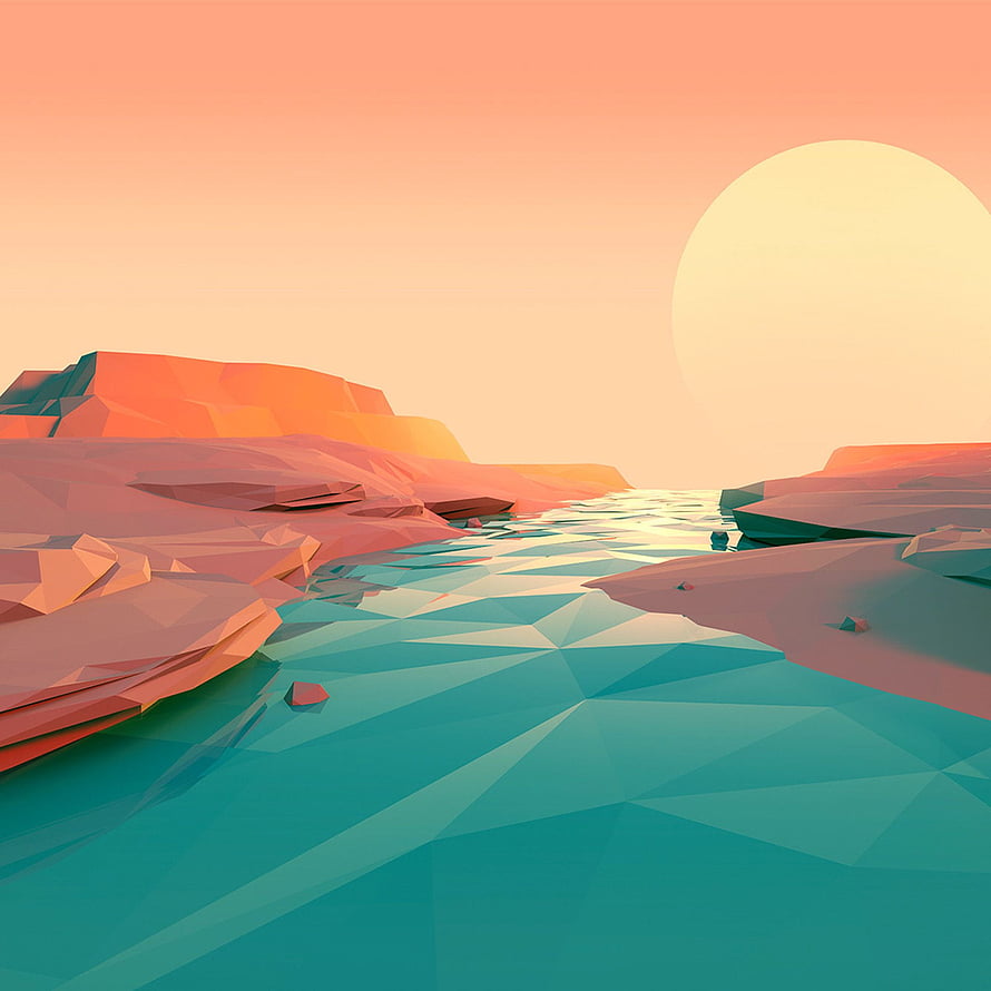 Low Poly Desert River Landscape with Sunset and Geometric Mountains HD phone wallpaper
