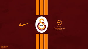 Galatasaray 1905 Crest with Nike and UEFA Champions League Logos on Maroon Background HD wallpaper