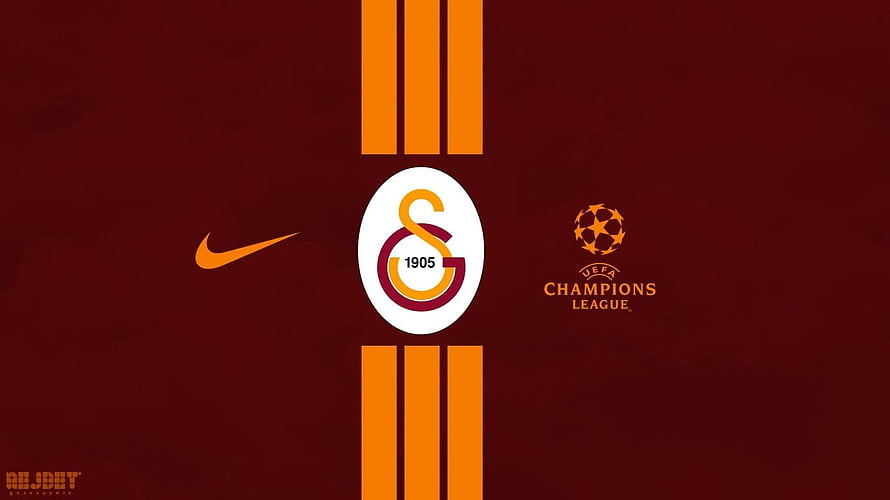 Galatasaray 1905 Crest with Nike and UEFA Champions League Logos on Maroon Background HD wallpaper