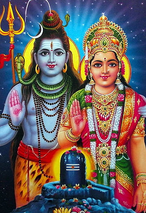 Lord Shiva and Goddess Parvati Standing Beside a Glowing Shiva Lingam HD phone wallpaper