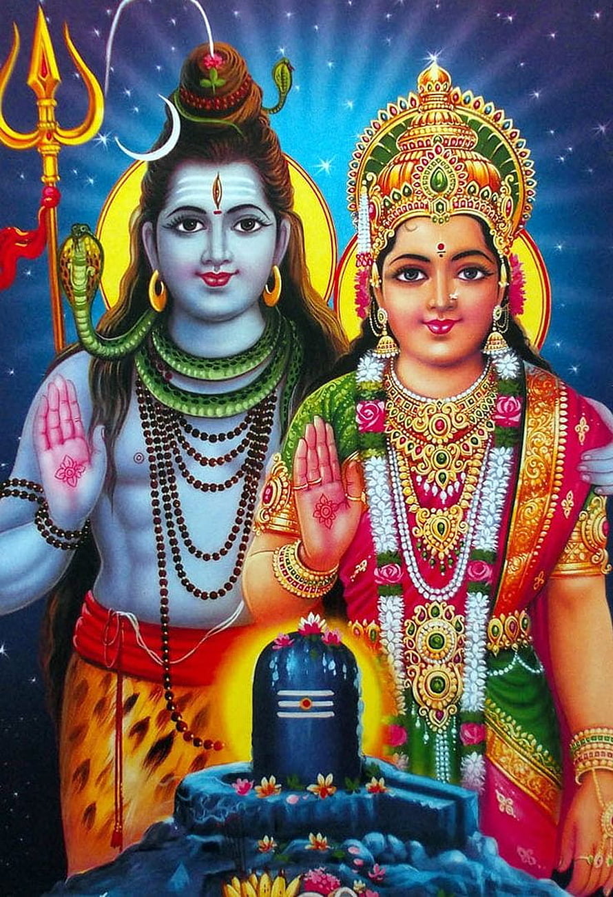 Lord Shiva and Goddess Parvati Standing Beside a Glowing Shiva Lingam HD phone wallpaper