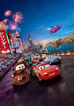 Cars 2 Movie Poster Featuring Lightning McQueen and Mater in Tokyo HD phone wallpaper