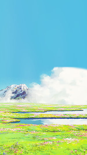Howl's Moving Castle Meadow Landscape with Snow-Capped Mountain and Wildflowers HD phone wallpaper