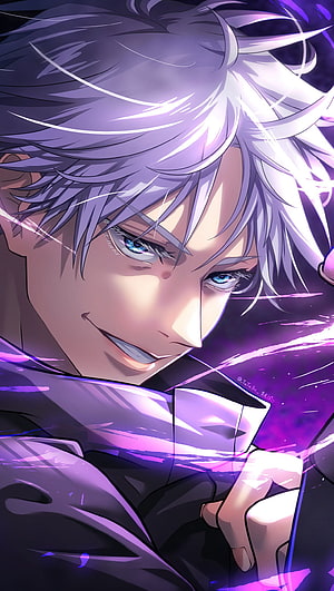 Gojo Satoru from Jujutsu Kaisen anime character portrait with white hair and blue eyes in purple energy aura HD phone wallpaper
