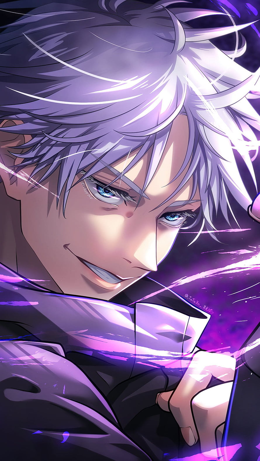 Gojo Satoru from Jujutsu Kaisen anime character portrait with white hair and blue eyes in purple energy aura HD phone wallpaper
