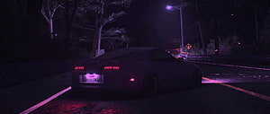 Nissan Silvia S15 drifting on a dark road at night with purple neon lighting and foggy atmosphere HD wallpaper