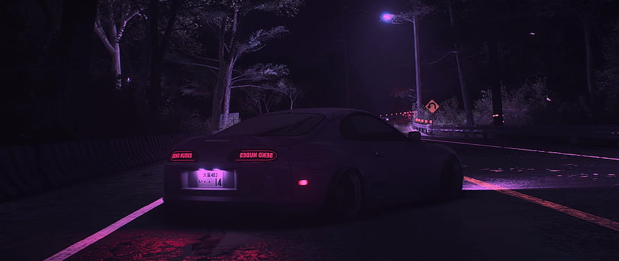 Nissan Silvia S15 drifting on a dark road at night with purple neon lighting and foggy atmosphere HD wallpaper