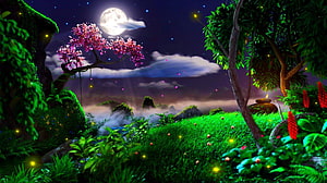 Magical Moonlit Forest with Glowing Fireflies and Pink Blossoms HD wallpaper