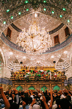 Interior of the Tomb of Abbas Ibn Ali in Karbala with Crystal Chandelier and Devotees HD phone wallpaper