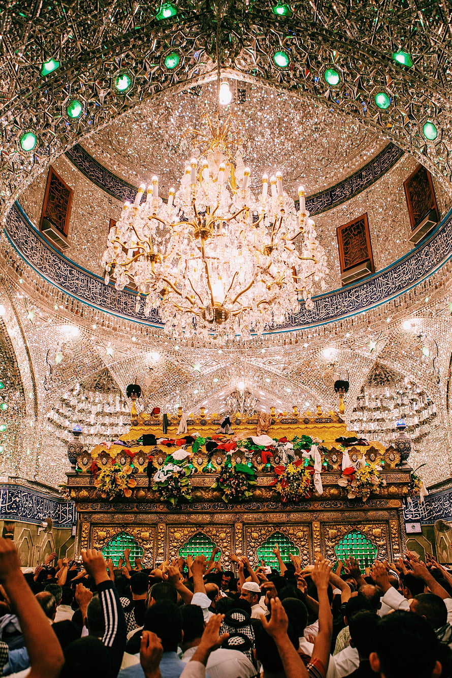 Interior of the Tomb of Abbas Ibn Ali in Karbala with Crystal Chandelier and Devotees HD phone wallpaper