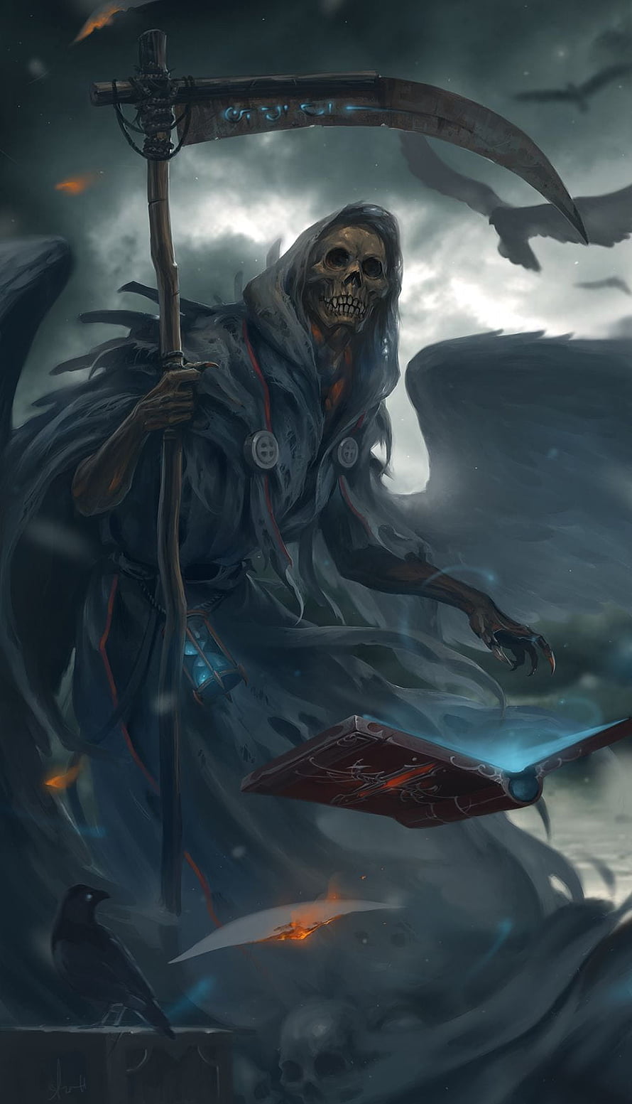 Santa Muerte Skeletal Figure with Scythe and Glowing Book in Dark Fantasy Illustration HD phone wallpaper