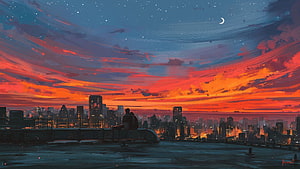 Couple Sitting on Rooftop Watching Vibrant Sunset Over City Skyline HD wallpaper