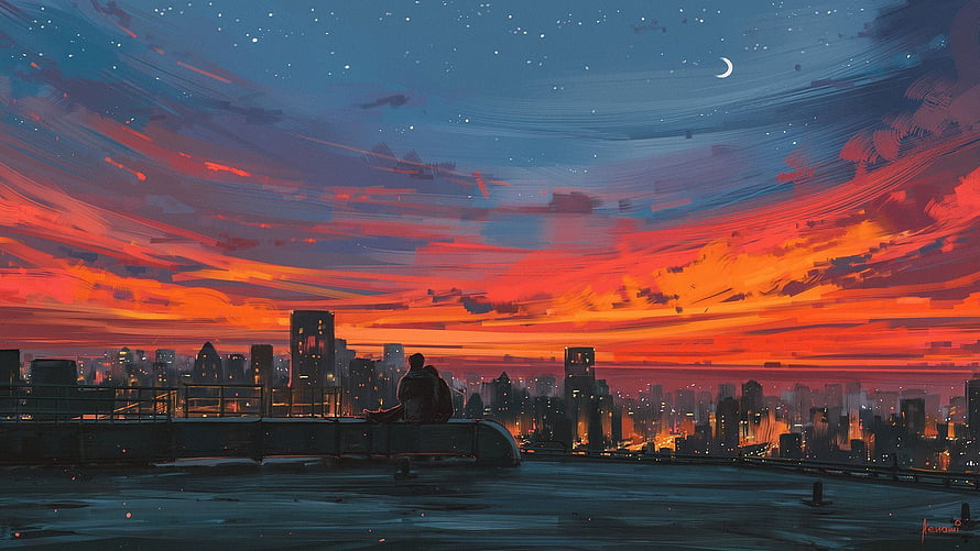 Couple Sitting on Rooftop Watching Vibrant Sunset Over City Skyline HD wallpaper