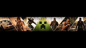 Minecraft Creeper Banner Featuring Video Game Characters Like Lara Croft and Assassin's Creed HD wallpaper