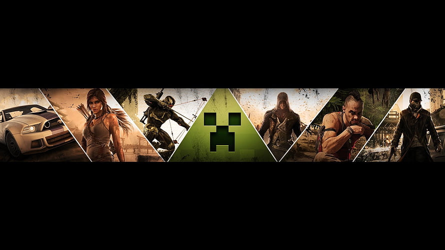Minecraft Creeper Banner Featuring Video Game Characters Like Lara Croft and Assassin's Creed HD wallpaper