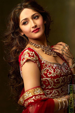 Sayyeshaa in Traditional Red Ethnic Wear with Gold Jewelry and Intricate Embroidery HD phone wallpaper