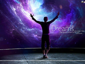 Silhouette of a person with raised arms facing a vibrant purple and blue cosmic nebula background with inspirational quote HD wallpaper