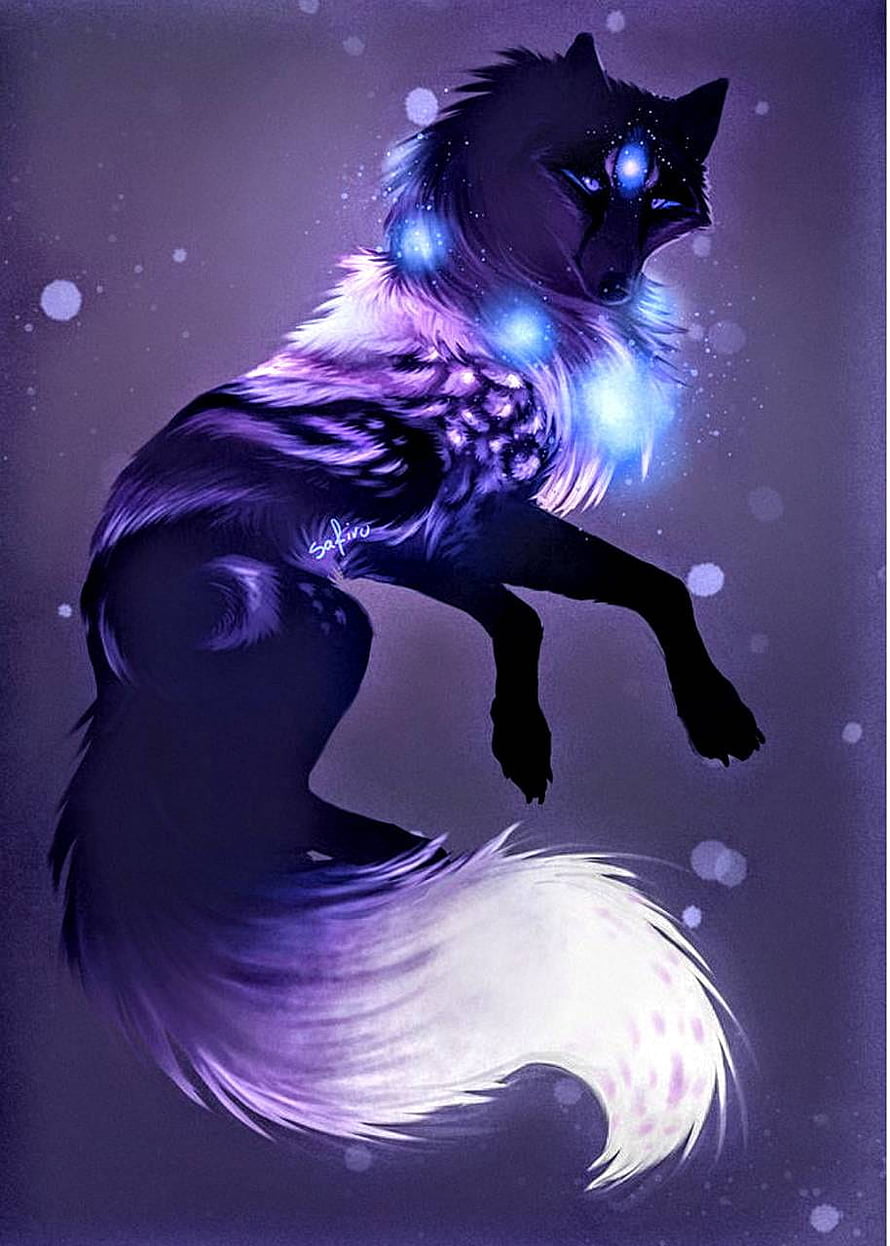 Mystical Purple Galaxy Wolf with Glowing Blue Eyes and Cosmic Fur HD phone wallpaper