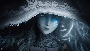 Ranni the Witch from Elden Ring in a frost-covered hood with glowing blue eyes and ethereal aura HD wallpaper