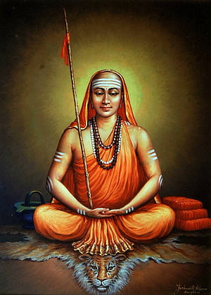 Adi Shankaracharya in Meditation on a Tiger Skin with Staff and Rudraksha Beads HD phone wallpaper