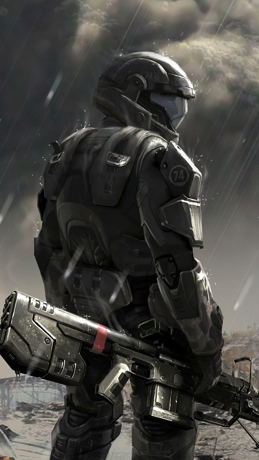 Halo Master Chief in Dark Tactical Armor Holding Rifle in Rainy Battlefield HD phone wallpaper
