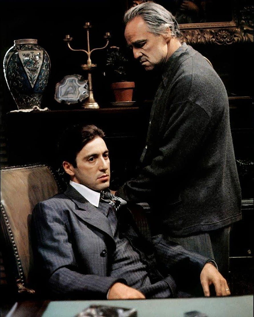 Michael Corleone and Vito Corleone in a tense office scene from The Godfather HD phone wallpaper