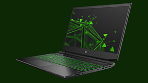 HP Pavilion Gaming 15 Laptop with Green Backlit Keyboard and Geometric Display HD wallpaper