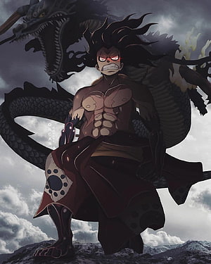 Luffy Gear 5 Anime Illustration with Dragon and Stormy Sky HD phone wallpaper