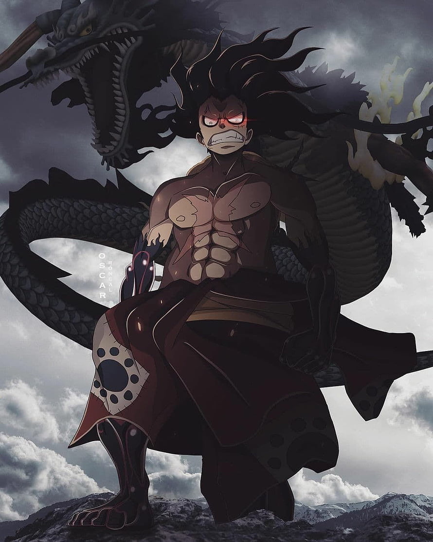 Luffy Gear 5 Anime Illustration with Dragon and Stormy Sky HD phone wallpaper