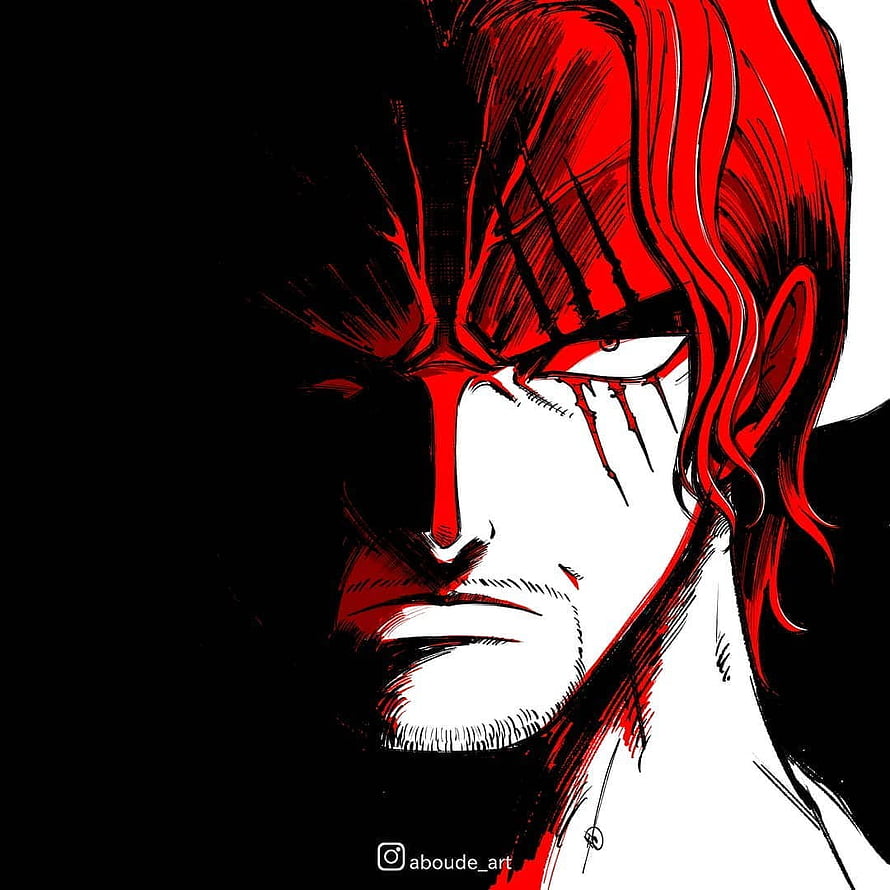 Shanks from One Piece in a dramatic red and black ink illustration with intense expression HD phone wallpaper