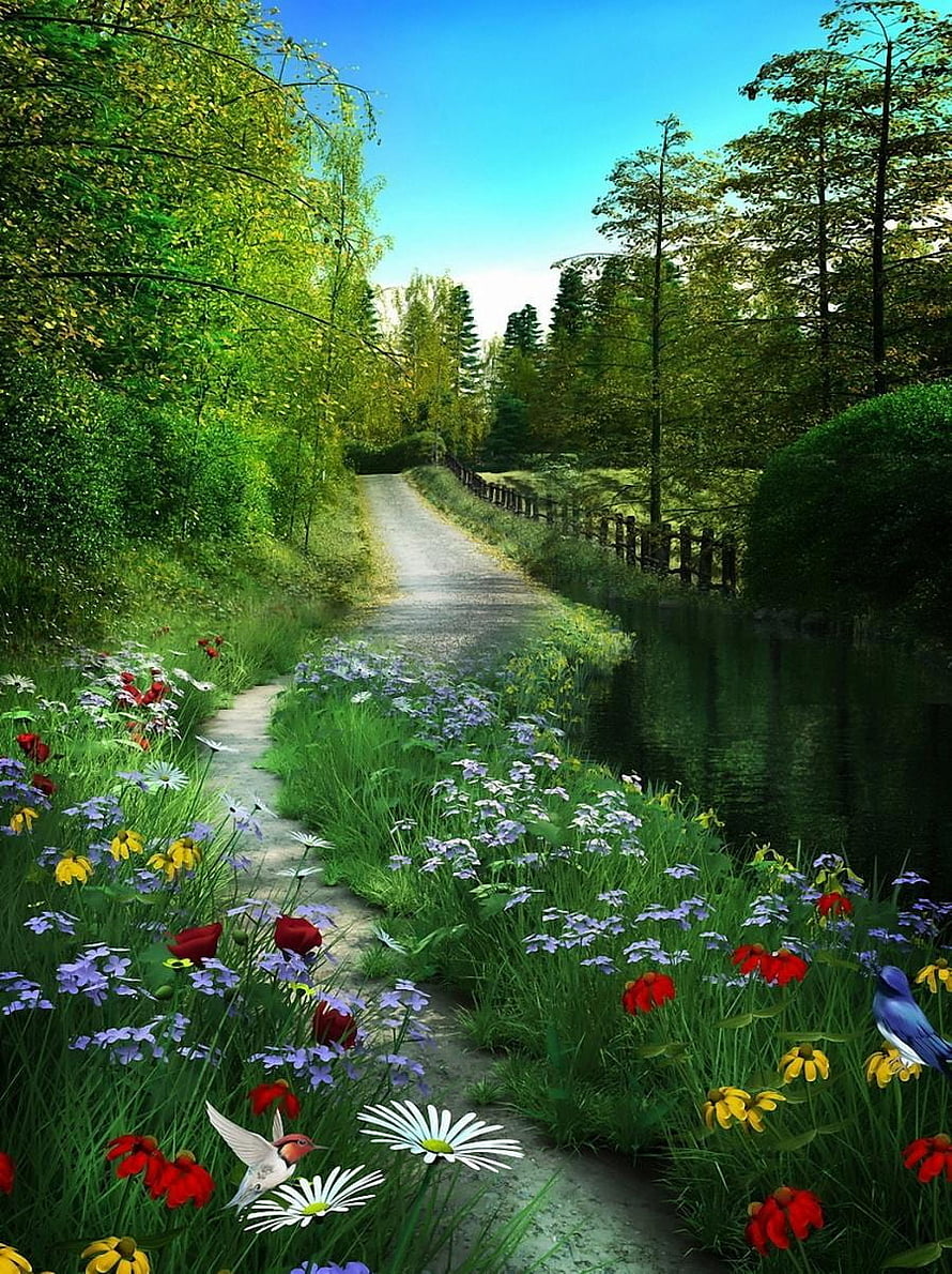 Serene Countryside Path Lined with Wildflowers and Birds HD phone wallpaper