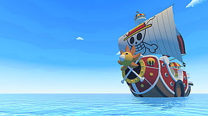 Thousand Sunny pirate ship from One Piece sailing on a calm blue ocean under a clear sky HD wallpaper
