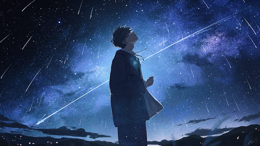 Anime Boy Gazing at Shooting Stars in a Starry Night Sky HD wallpaper