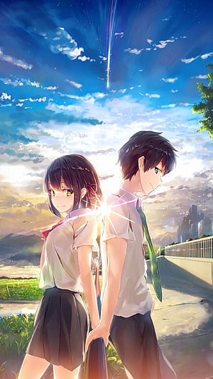 Anime Couple Holding Hands Under Meteor Shower Sky HD phone wallpaper