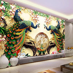 3D Peacock Wall Mural with Jade Carving for Living Room TV Background HD phone wallpaper