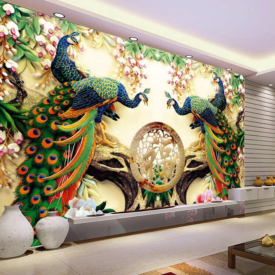 3D Peacock Wall Mural with Jade Carving for Living Room TV Background HD phone wallpaper
