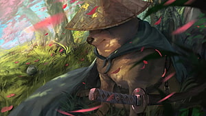 Samurai Dog Warrior with Katana in Cherry Blossom Forest HD wallpaper