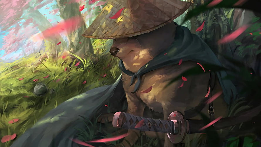 Samurai Dog Warrior with Katana in Cherry Blossom Forest HD wallpaper