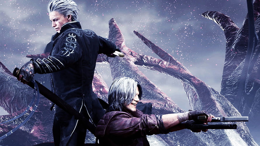 Devil May Cry 5 Dante and Vergil Action Artwork with Swords and Guns HD wallpaper