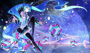 Hatsune Miku Anime Illustration with Floating Cubes and Digital Grid Background HD wallpaper