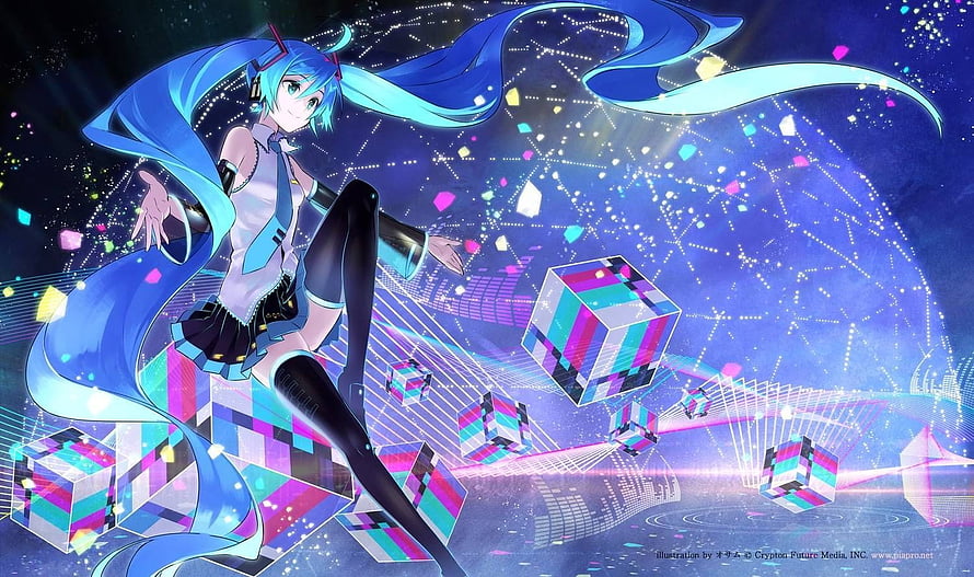 Hatsune Miku Anime Illustration with Floating Cubes and Digital Grid Background HD wallpaper