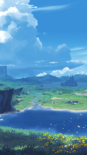 Genshin Impact Serene Fantasy Landscape with Distant Castle and Rolling Green Hills HD phone wallpaper