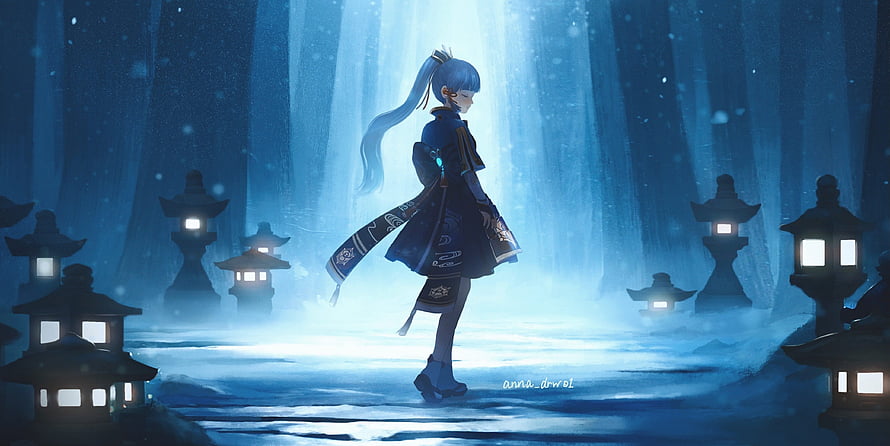 Kamisato Ayaka Walking Through a Snowy Forest with Glowing Lanterns in Genshin Impact HD wallpaper