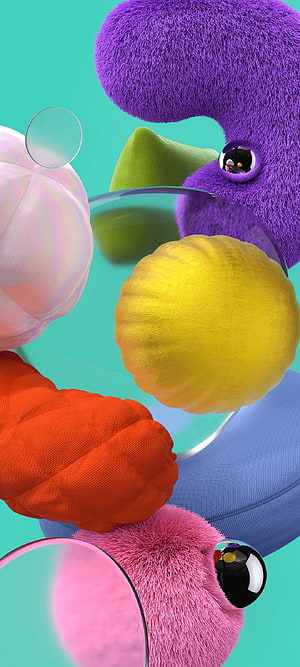 Colorful 3D Abstract Shapes With Fuzzy Textures And Glass Spheres HD phone wallpaper