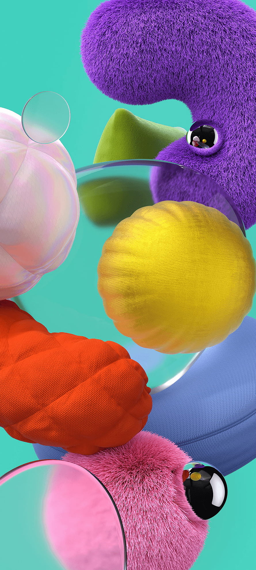 Colorful 3D Abstract Shapes With Fuzzy Textures And Glass Spheres HD phone wallpaper
