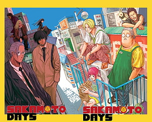 Sakamoto Days Anime Cast Group Portrait in Vibrant Urban Setting HD wallpaper