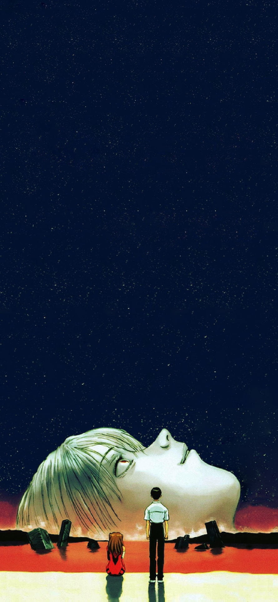 End of Evangelion Giant Head and Two Figures Under Starry Night Sky HD phone wallpaper